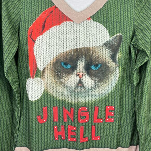 Faux Real Jingle Hell Grumpy Cat Photo Ugly Christmas Print Shirt Womens Sz L - Picture 3 of 8